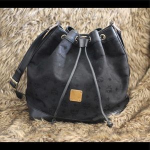 MCM Monogram Black Bucket Side Bag Gold Hardware